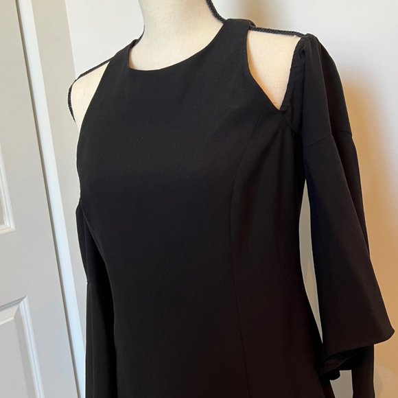 SCRIPTED M Cold Shoulder Bell Sleeve Little Black Dress Asymmetrical - Picture 4 of 16